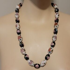Hand Painted Ceramic Flower Bead Necklace